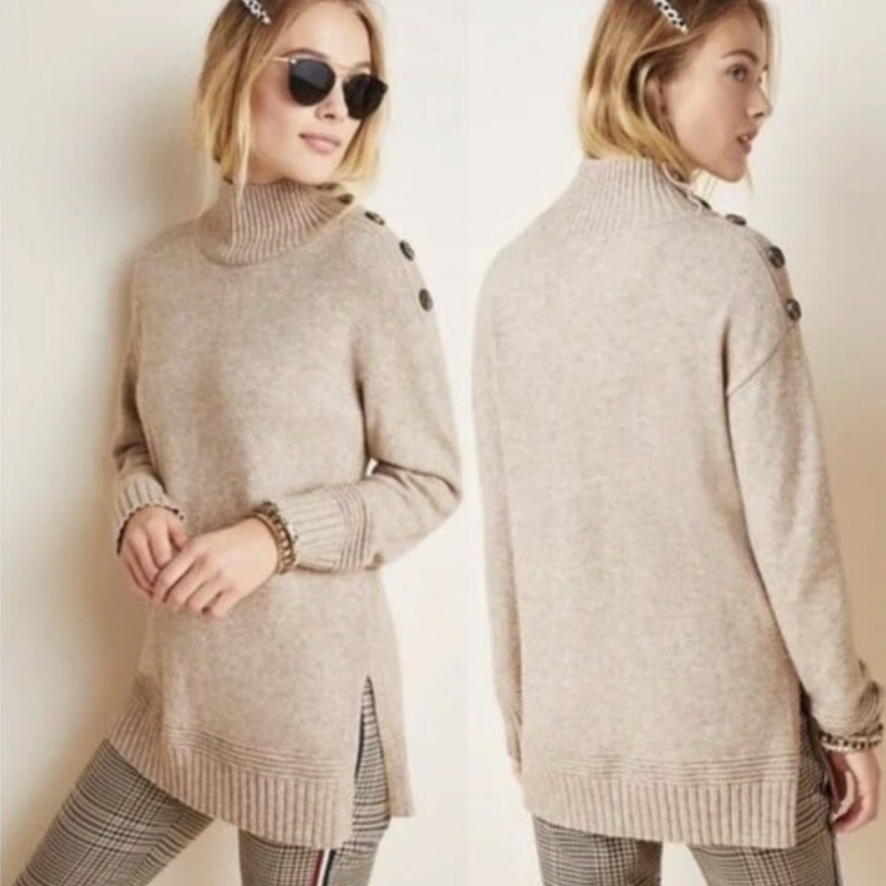 Anthropologie Margarita button shoulder mock neck tan sweater